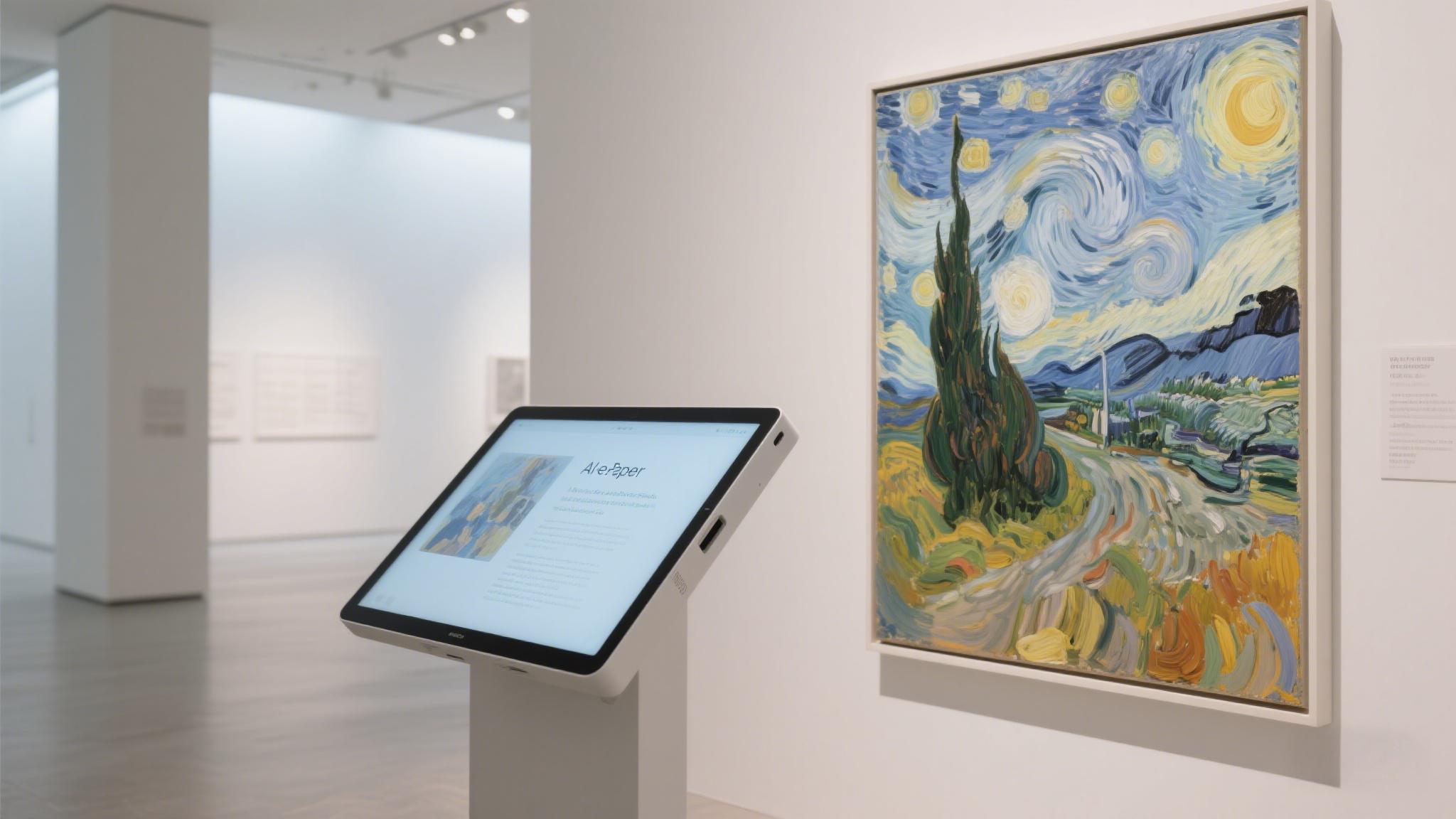 Visitors using AI-powered E-Paper guides in a modern art museum, engaging with interactive artwork displays.