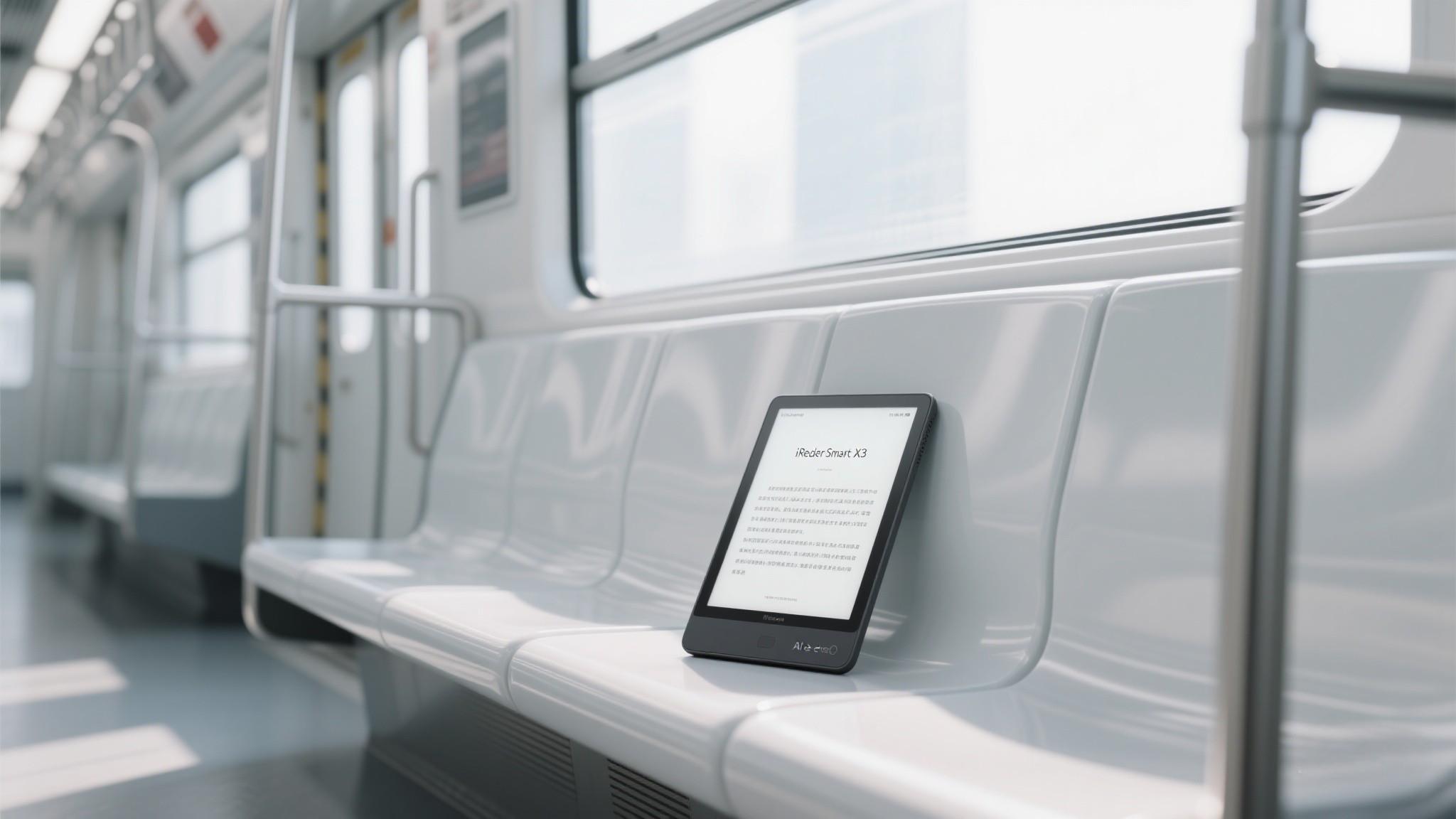 A commuter reading on an AI E-Paper device in a bright subway car, demonstrating the anti-glare technology's effectiveness.