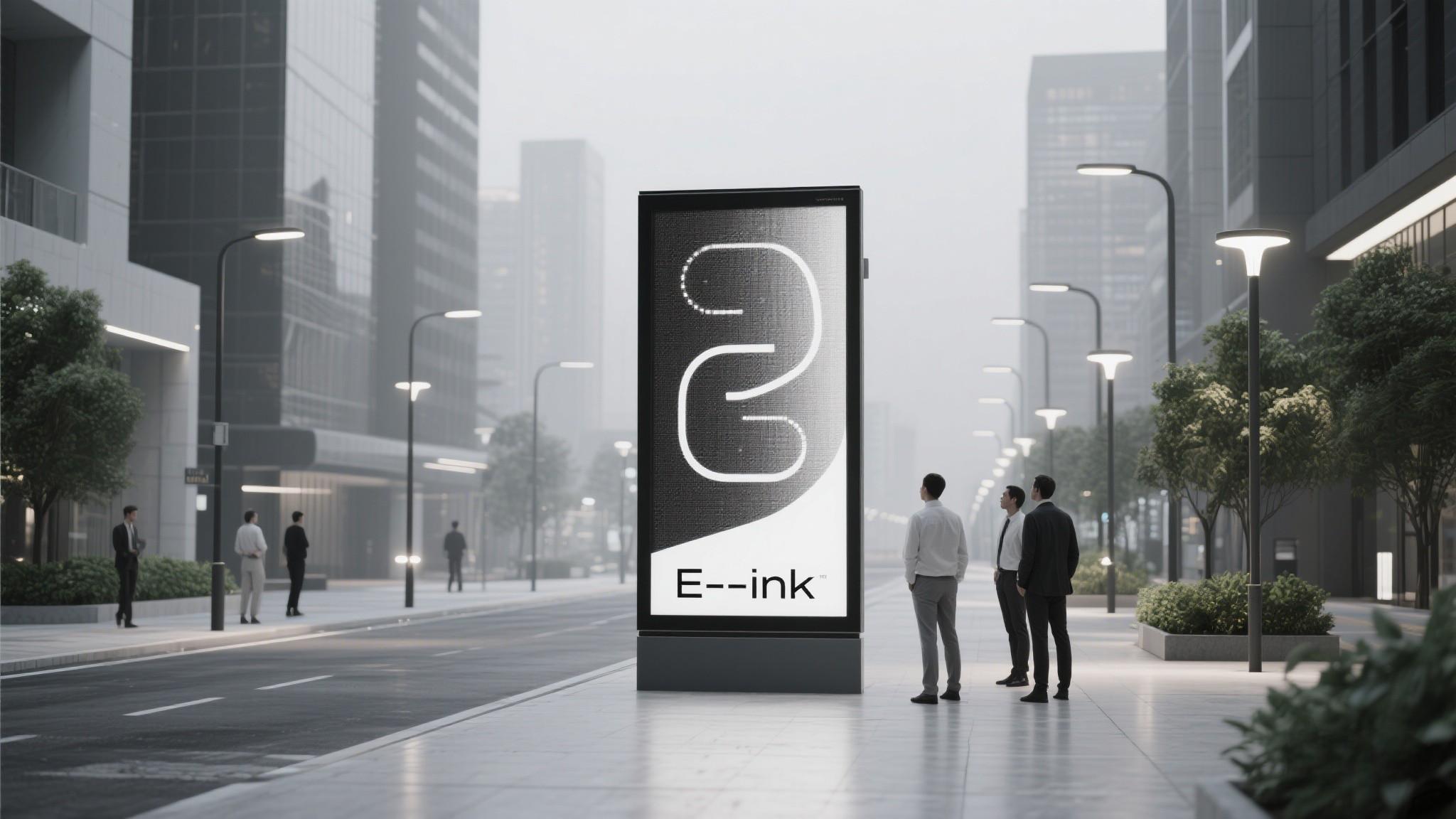 A sustainable smart city landscape showcasing E Ink displays in retail, transportation, and educational settings, demonstrating the paperless future.