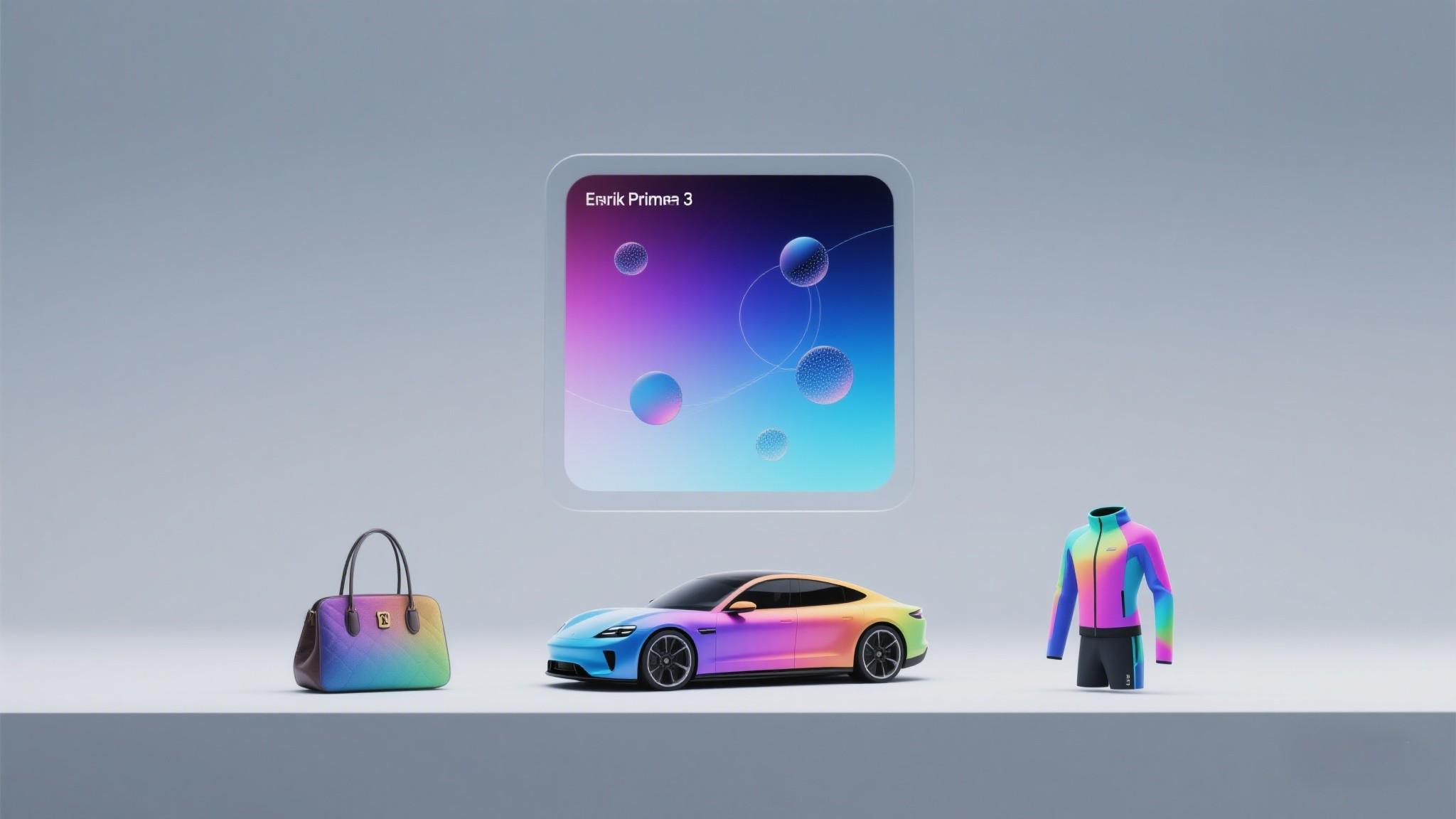 Dynamic surfaces and objects showcasing E Ink Prism 3's color-changing capabilities in fashion, automotive, and architectural applications.