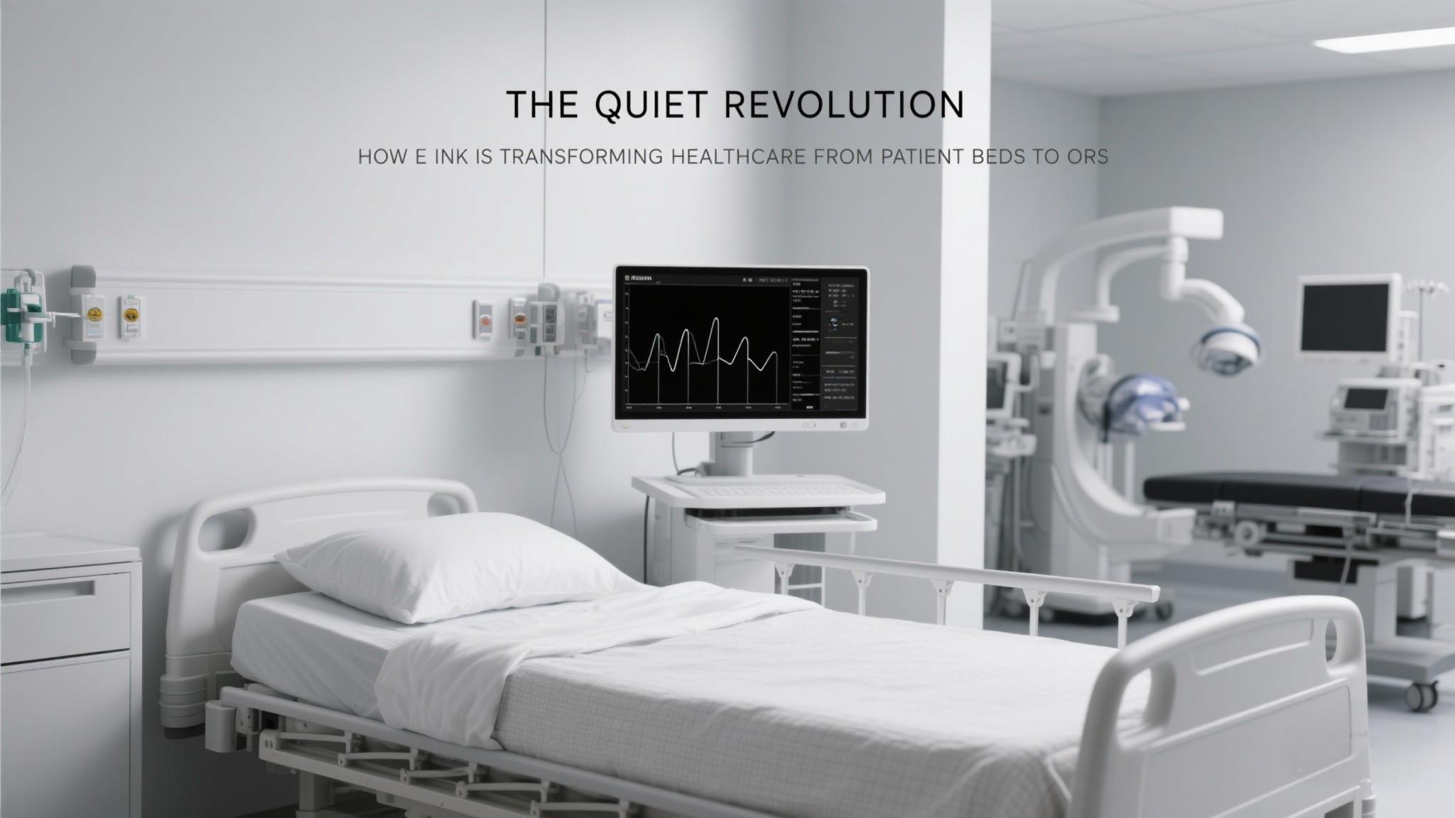 E-Ink technology transforming healthcare with smart medical displays and patient monitoring systems in a modern hospital setting.