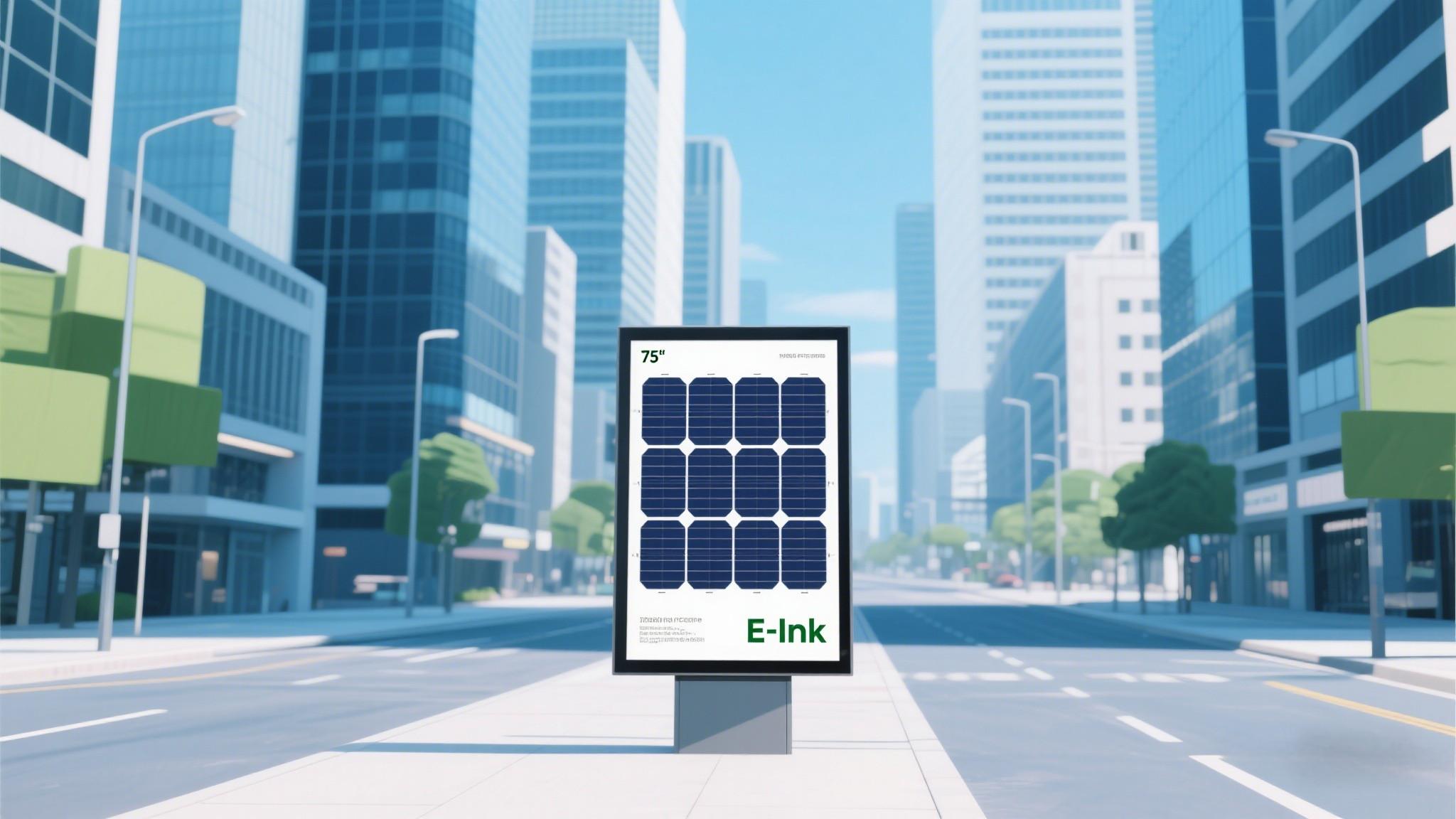 Solar-powered E Ink billboards featuring zero-energy advertising technology with sustainable digital signage solutions.